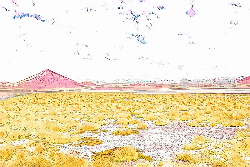 令人印象深刻的科罗拉多湖-红色的湖反射，安第斯火烈鸟和田园诗般的阿塔卡马高原沙漠，火山景观全景"u2013波托西地区，玻利维亚安第斯，Bolívia